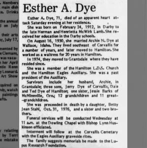 Obituary for Esther A. Dye